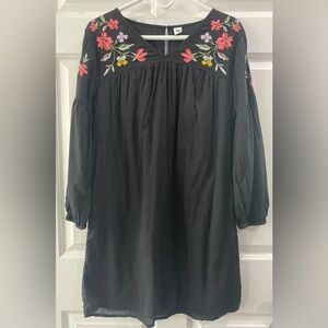 Women's Black Midi Shift Dress Floral Embroidered Boho Balloon Sleeve Size M